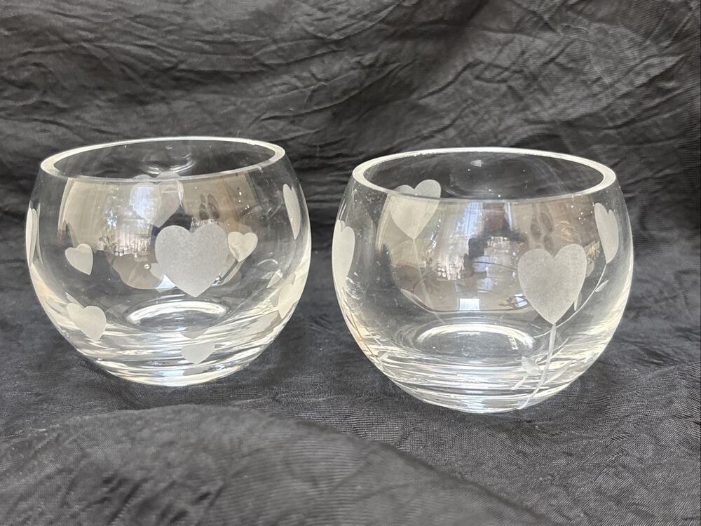 2 Vintage Lenox Etched Heats Clear Glass Votive Candle Holder Lenox Art Glass